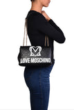 LOVE MOSCHINO COL Borsa quilt con catena e stampa bianca NERO/B.CO